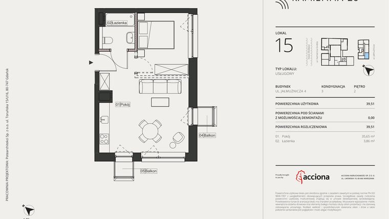 Rzut - Mieszkanie na sprzedaż 1 pokój o powierzchni 39,51 m² - numer 4.15 w Kamienna 28 - apartamenty inwestycyjne