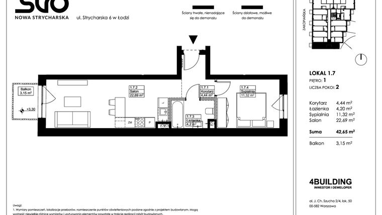 Rzut - Mieszkanie na sprzedaż 2 pokoje o powierzchni 42,65 m² - numer 1.7 w Nowa Strycharska | STR 6