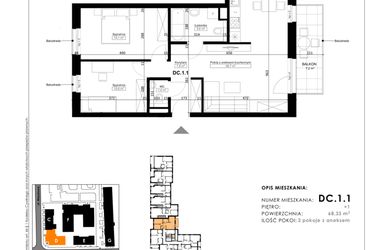 Rzut - Mieszkanie na sprzedaż 3 pokoje o powierzchni 68,33 m² - numer DC.1.1 w Nowy Folwark