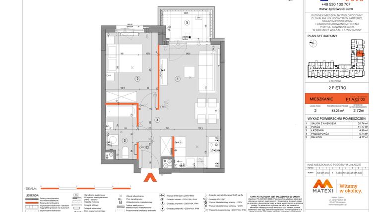 Rzut - Mieszkanie na sprzedaż 2 pokoje o powierzchni 43,26 m² - numer F1.A.02.03 w Splot Wola