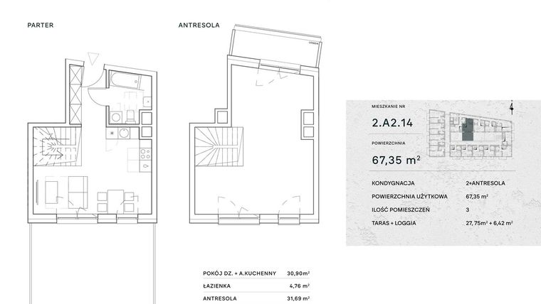 Rzut - Mieszkanie na sprzedaż 2 pokoje o powierzchni 67,35 m² - numer 2.A2.14 w Żernicka Park