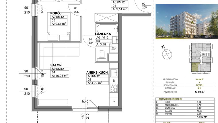 Rzut - Mieszkanie na sprzedaż 2 pokoje o powierzchni 43,89 m² - numer A00_M12 w Wierzbowy Park