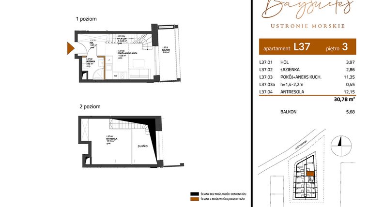 Rzut - Mieszkanie na sprzedaż 2 pokoje o powierzchni 30,78 m² - numer AP.3.37 w Baysuites