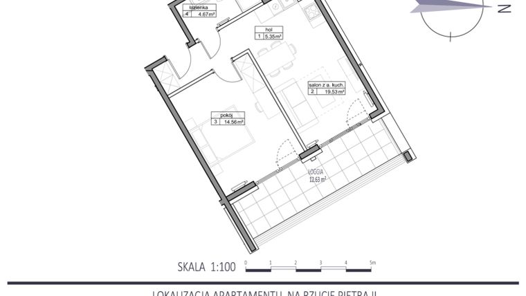 Rzut - Mieszkanie na sprzedaż 2 pokoje o powierzchni 44,11 m² - numer F23 w Apartamenty na Klifie bud. D, E i F