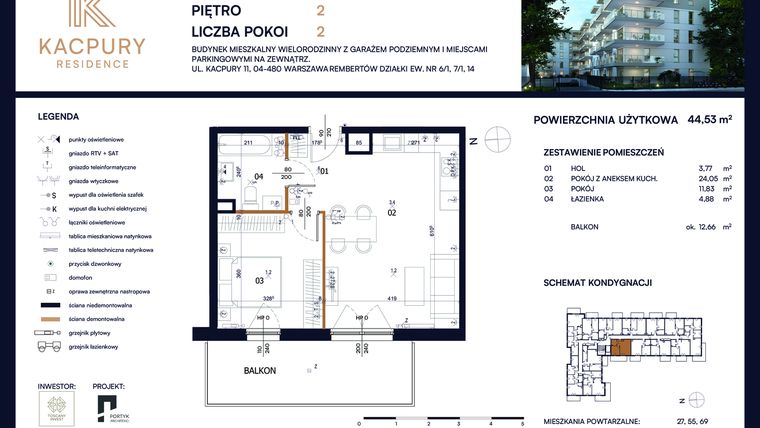 Rzut - Mieszkanie na sprzedaż 2 pokoje o powierzchni 44,53 m² - numer M41 w Kacpury Residence