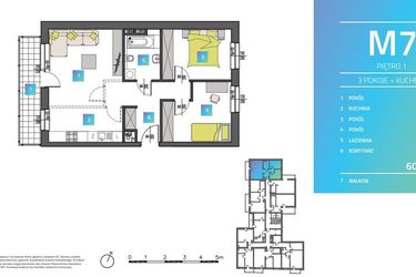 Rzut - Mieszkanie na sprzedaż 3 pokoje o powierzchni 61,87 m² - numer M7 w Mi9