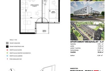 Rzut - Mieszkanie na sprzedaż 2 pokoje o powierzchni 54,15 m² - numer 4.27 w Apartamentowiec Zwycięska 3