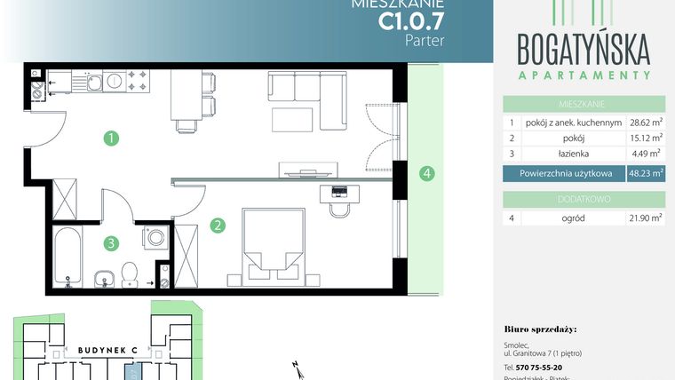 Rzut - Mieszkanie na sprzedaż 2 pokoje o powierzchni 48,23 m² - numer C1.0.7 w Bogatyńska Apartamenty etap 3