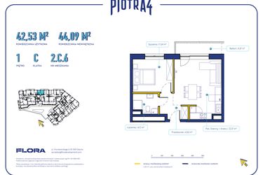 Rzut - Mieszkanie na sprzedaż 2 pokoje o powierzchni 43,63 m² - numer 2C6 w Piotra 4