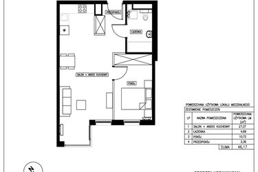 Rzut - Mieszkanie na sprzedaż 2 pokoje o powierzchni 46,17 m² - numer 19 w Nowa Kurkowa