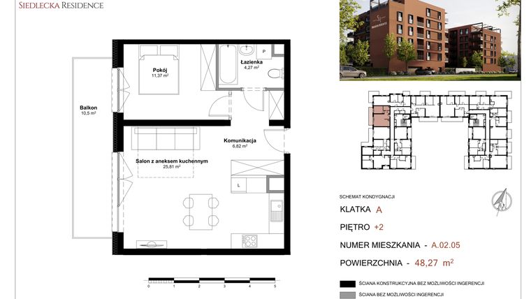 Rzut - Mieszkanie na sprzedaż 2 pokoje o powierzchni 48,27 m² - numer A-02-05 w Siedlecka Residence