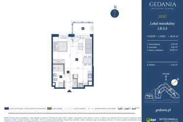 Rzut - Mieszkanie na sprzedaż 1 pokój o powierzchni 38,47 m² - numer I.B.5.5 w GEDANIA Riverside Living