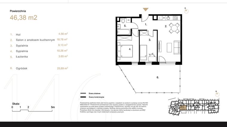 Rzut - Mieszkanie na sprzedaż 3 pokoje o powierzchni 46,37 m² - numer K1.04 w Korkowa 146