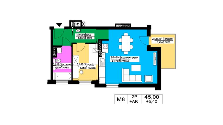 Rzut - Mieszkanie na sprzedaż 2 pokoje o powierzchni 45 m² - numer M8 w Zagórska 71