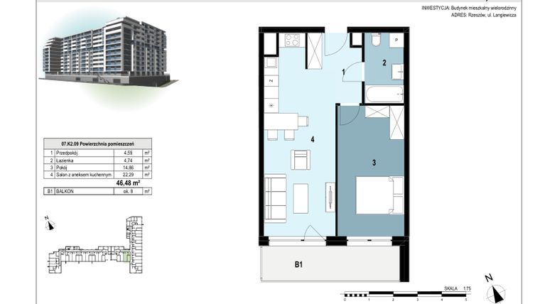 Rzut - Mieszkanie na sprzedaż 2 pokoje o powierzchni 46,48 m² - numer 07.K2.09 w Langiewicza 37