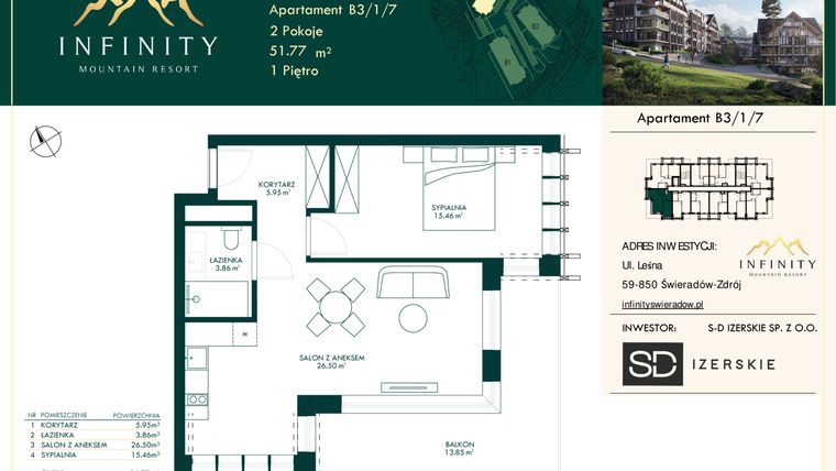 Rzut - Mieszkanie na sprzedaż 2 pokoje o powierzchni 51,77 m² - numer B3.1.7 w Infinity Mountain Resort