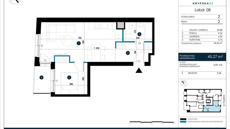 Rzut - Mieszkanie na sprzedaż 2 pokoje o powierzchni 44,42 m² - numer M08 w Krypska 33