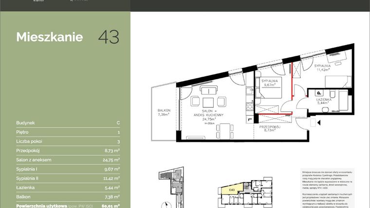 Rzut - Mieszkanie na sprzedaż 3 pokoje o powierzchni 60,31 m² - numer C43 w Stawowa Residence - etap V
