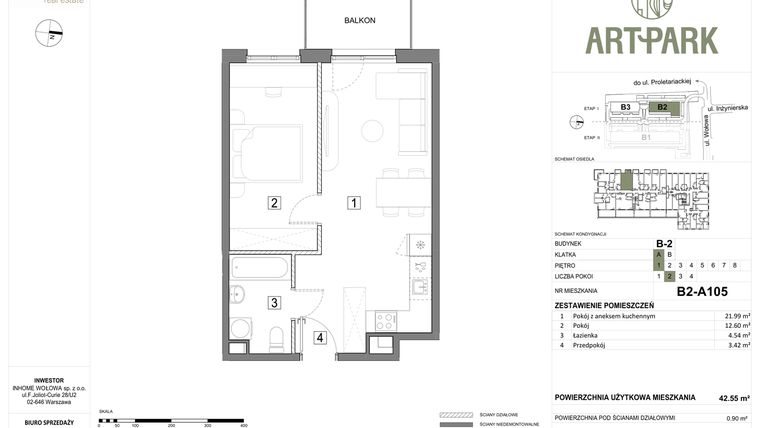 Rzut - Mieszkanie na sprzedaż 2 pokoje o powierzchni 43,48 m² - numer B.2.A105 w ArtPark