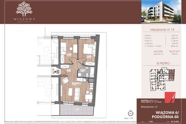 Rzut - Mieszkanie na sprzedaż 3 pokoje o powierzchni 52,6 m² - numer 14 w Wiązowa