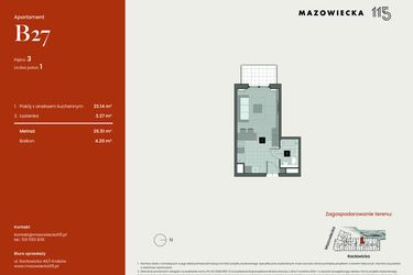 Rzut - Mieszkanie na sprzedaż 1 pokój o powierzchni 26,51 m² - numer B27 w Mazowiecka 115