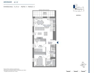 Rzut - Mieszkanie na sprzedaż 3 pokoje o powierzchni 71,77 m² - numer A.1.2 w Linea bud. A