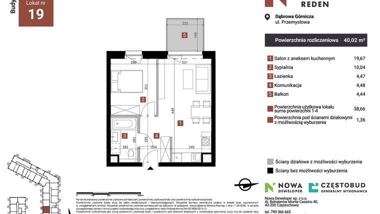 Rzut - Mieszkanie na sprzedaż 2 pokoje o powierzchni 40,02 m² - numer A19 w Nowy Reden
