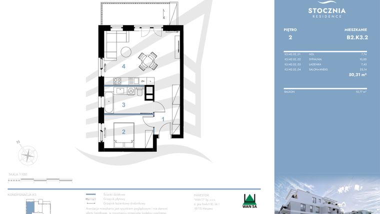 Rzut - Mieszkanie na sprzedaż 2 pokoje o powierzchni 50,31 m² - numer B2.K3.2 w Stocznia Residence
