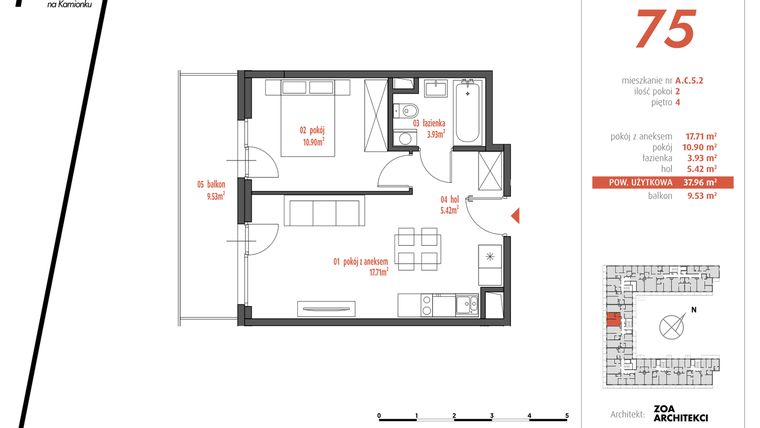 Rzut - Mieszkanie na sprzedaż 2 pokoje o powierzchni 37,96 m² - numer AC5.2 w PUR