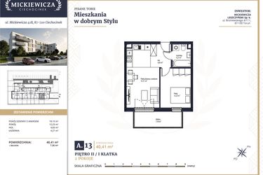 Rzut - Mieszkanie na sprzedaż 2 pokoje o powierzchni 40,41 m² - numer A13 w Mickiewicza