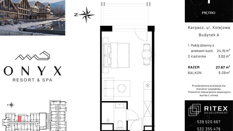 Rzut - Mieszkanie na sprzedaż 1 pokój o powierzchni 27,67 m² - numer 01.A14 w Onyx Resort & Spa