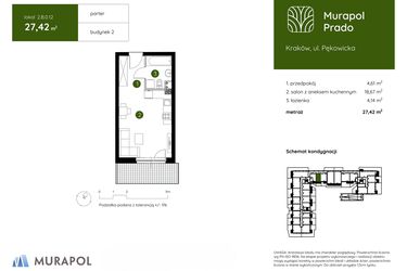 Rzut - Mieszkanie na sprzedaż 1 pokój o powierzchni 27,42 m² - numer 2.B.0.12 w Murapol Prado