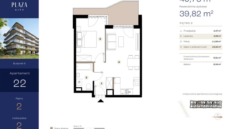 Rzut - Mieszkanie na sprzedaż 2 pokoje o powierzchni 40,73 m² - numer B6M22 w Plaza City