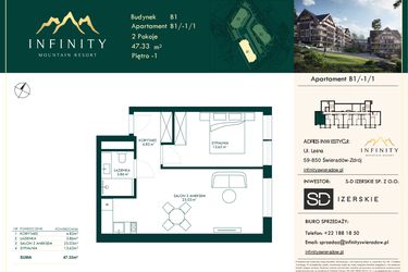 Rzut - Mieszkanie na sprzedaż 2 pokoje o powierzchni 47,33 m² - numer B1/-1/1 w Infinity Mountain Resort etap 2