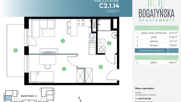 Rzut - Mieszkanie na sprzedaż 2 pokoje o powierzchni 37,61 m² - numer C2.1.14 w Bogatyńska Apartamenty etap 3
