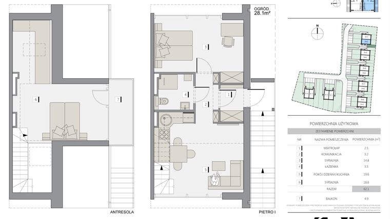 Rzut - Mieszkanie na sprzedaż 3 pokoje o powierzchni 62,1 m² - numer 2B w Apartamenty Cechowa - III etap