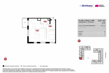Rzut - Mieszkanie na sprzedaż 1 pokój o powierzchni 62,51 m² - numer D2E 154 w Modern Mokotów etap 4, budynek D1 i D2