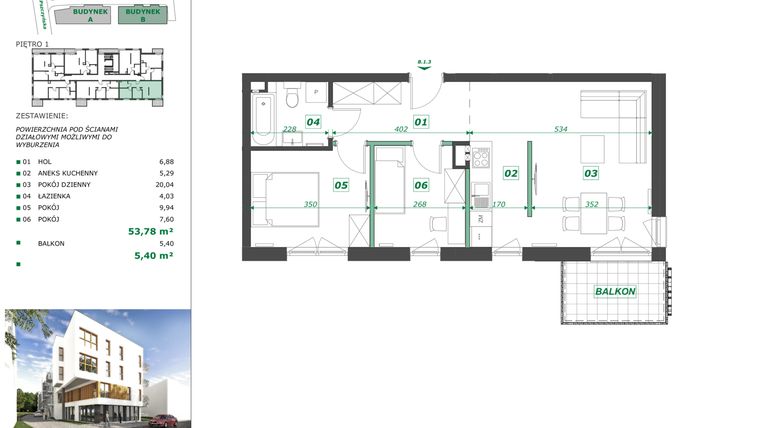 Rzut - Mieszkanie na sprzedaż 3 pokoje o powierzchni 55,58 m² - numer B.1.3 w Apartamenty Pszczyńska