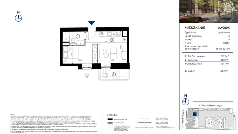 Rzut - Mieszkanie na sprzedaż 1 pokój o powierzchni 30,51 m² - numer AA0004 w Niedziałkowskiego Park
