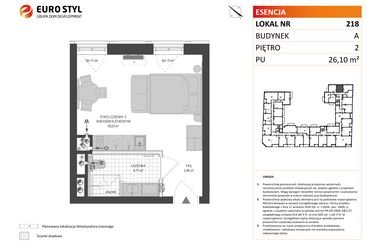 Rzut - Mieszkanie na sprzedaż 1 pokój o powierzchni 26,1 m² - numer A.218 w Esencja - Apartamenty inwestycyjne