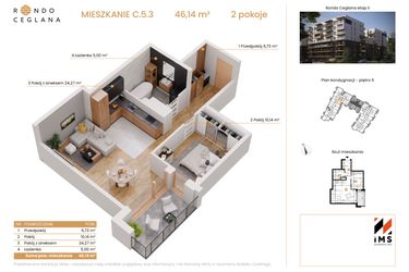Rzut - Mieszkanie na sprzedaż 2 pokoje o powierzchni 45,96 m² - numer C.5.3 w Rondo Ceglana etap II