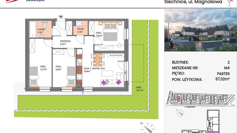 Rzut - Mieszkanie na sprzedaż 4 pokoje o powierzchni 67,02 m² - numer Bud.2-4 w Willa Magnolia