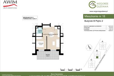 Rzut - Mieszkanie na sprzedaż 2 pokoje o powierzchni 36,09 m² - numer B18 w Wzgórze Gustawa