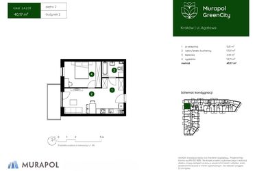 Rzut - Mieszkanie na sprzedaż 2 pokoje o powierzchni 40,17 m² - numer 2.A.2.09 w Murapol GreenCity bud. 2