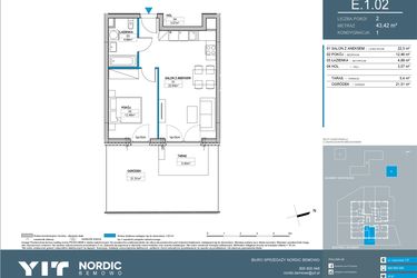 Rzut - Mieszkanie na sprzedaż 2 pokoje o powierzchni 43,42 m² - numer E.1.02 w Nordic Bemowo - etap IV