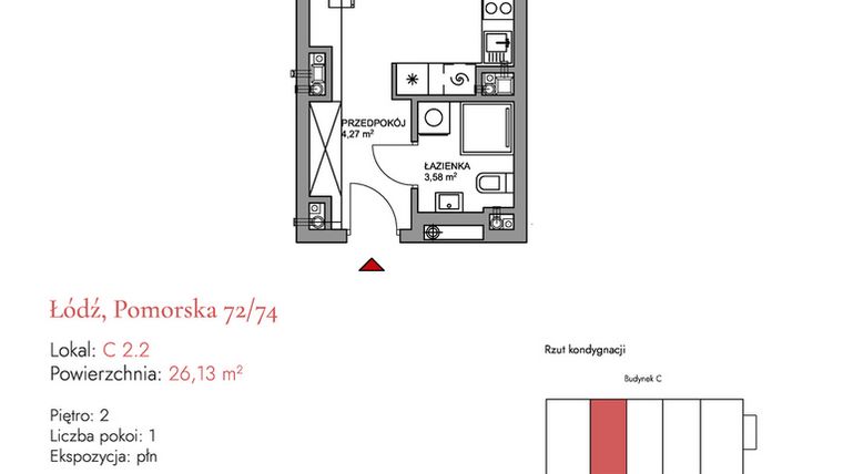 Rzut - Mieszkanie na sprzedaż 1 pokój o powierzchni 25,82 m² - numer C 2.2 w Melody Loft