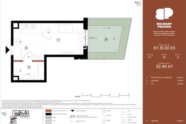 Rzut - Mieszkanie na sprzedaż 1 pokój o powierzchni 32,44 m² - numer K1.B.00.03 w Bulwary Praskie etap K i L