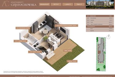 Rzut - Mieszkanie na sprzedaż 2 pokoje o powierzchni 38,73 m² - numer 7 w Apartamenty Częstochowska