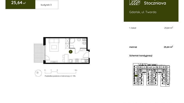 Rzut - Mieszkanie na sprzedaż 1 pokój o powierzchni 25,64 m² - numer 3.A.0.07 w Murapol Stoczniova