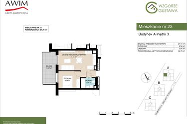 Rzut - Mieszkanie na sprzedaż 2 pokoje o powierzchni 34,79 m² - numer A23 w Wzgórze Gustawa